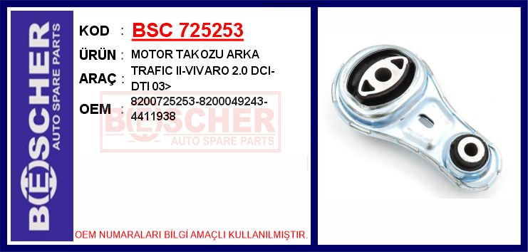 BSC 725253 Motor Takozu Arka Renault Trafic Ii 06> Opel Vivaro 06> 2.0dci 2.5dci