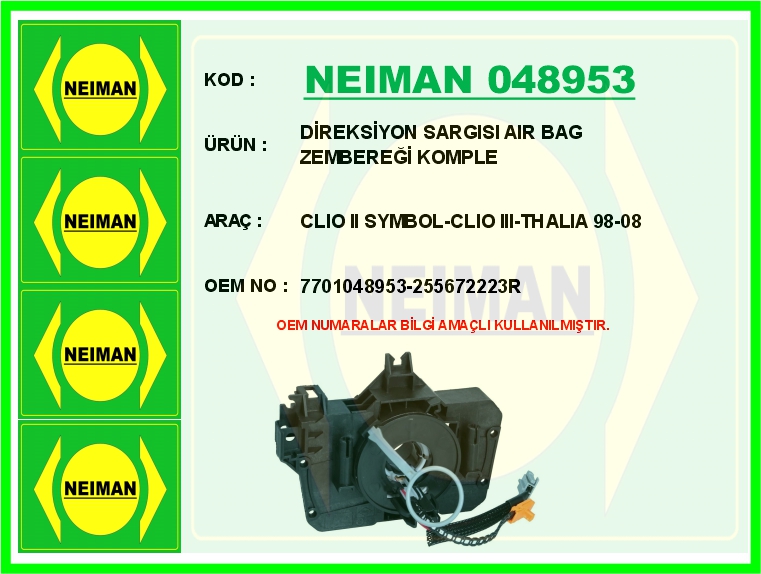 NEIMAN 048953 Direksiyon Sargisi Air Bag Zembereği Komple Clio Ii Symbol-Clio Iii-Thalia 98-08
