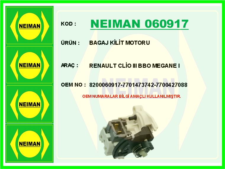 NEIMAN 060917 Bagaj Kilit Motoru Renault Clio Symbol 01>08 Symbol 08> Clio Ii 98>05