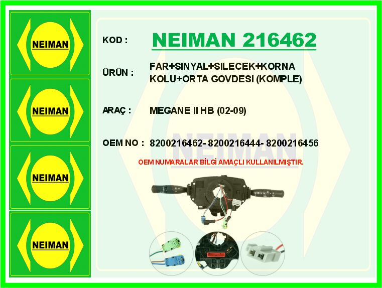 NEIMAN 216462 Far Sinyal Silecek Korna Kolu Orta Govdesi Komple Megane Ii Hb 02-09