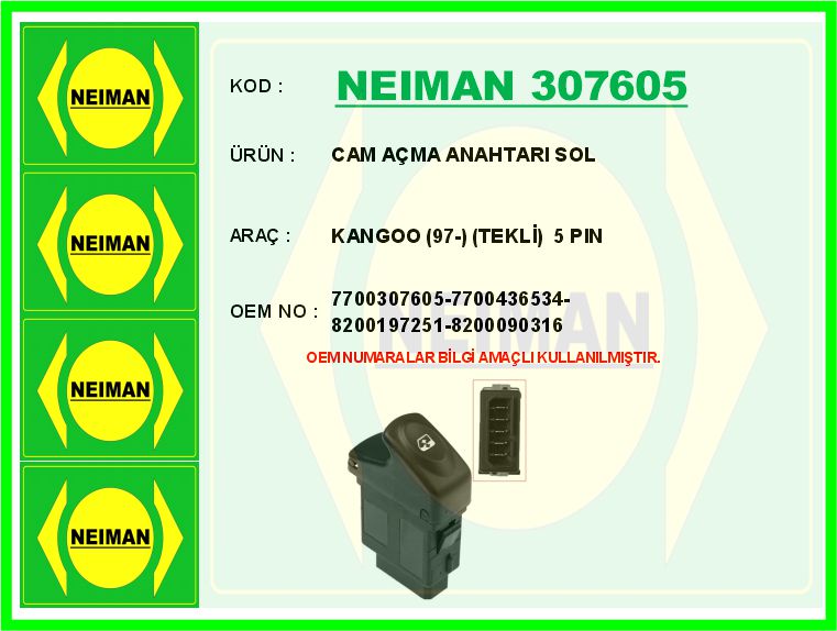 NEIMAN 307605 Cam Açma Anahtari Sol Renault Kangoo 97> Tekli 5 Pin