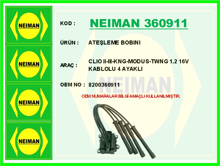 NEIMAN 360911 Ateşleme Bobini Clio Ii-Iii-Kng-Modus-Twng 1.2 16v Kablolu 4 Ayakli