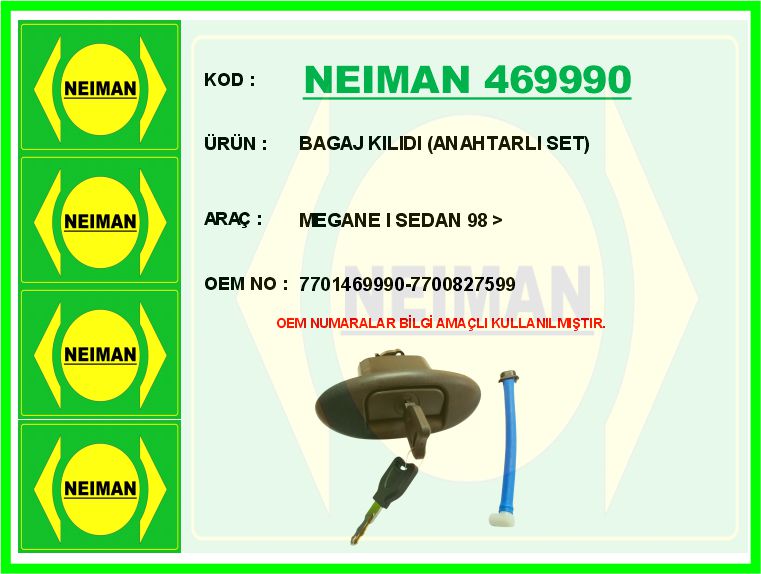 NEIMAN 469990 Bagaj Kilidi Anahtarli Set Megane I Sedan 98 >
