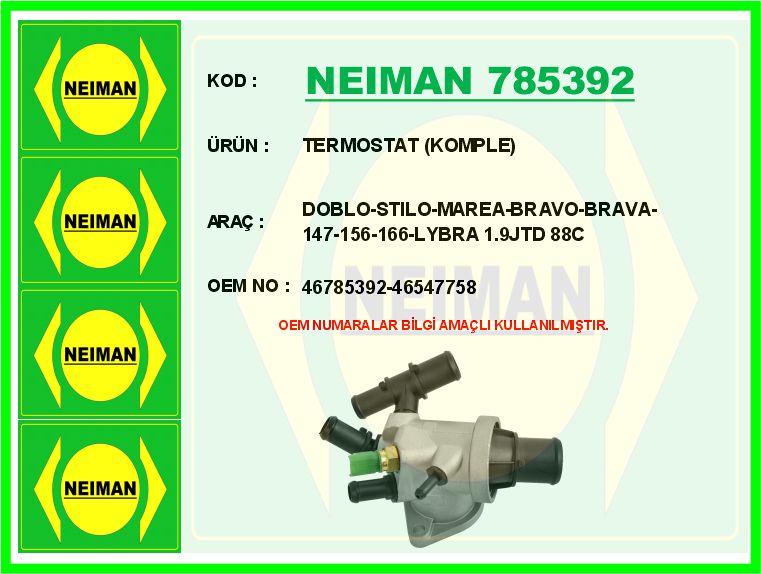 NEIMAN 785392 Termostat Komple Doblo-Stilo-Marea-Bravo-Brava-147-156-166-Lybra 1.9jtd 88c