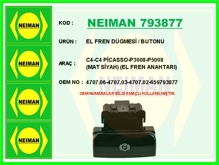 FEBI 1003431 El Fren Düğmesi / Butonu C4-C4 Picasso-P3008-P5008 Siyah El Fren Anahtari