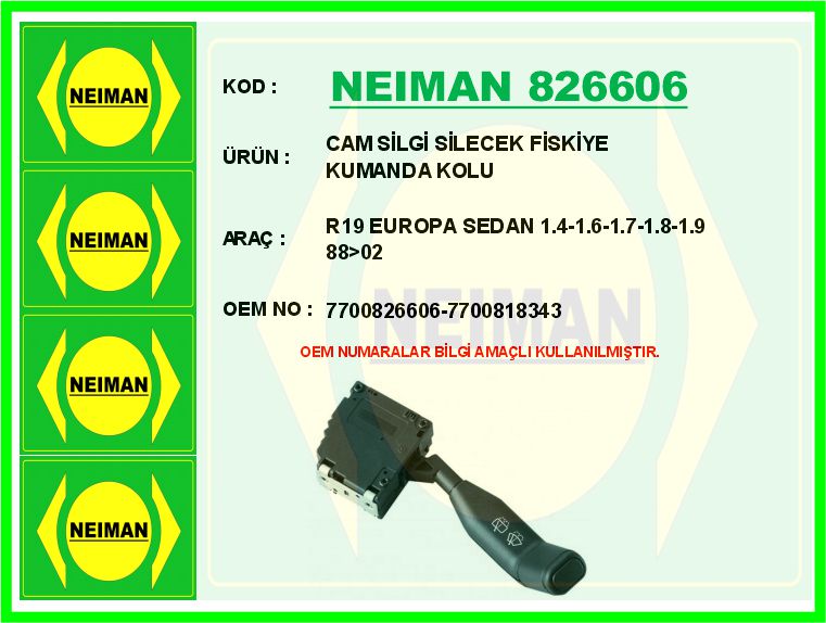 NEIMAN 826606 Cam Silgi Silecek Fiskiye Kumanda Kolu R19 Europa Sedan 1.4-1.6-1.7-1.8-1.9 88>02