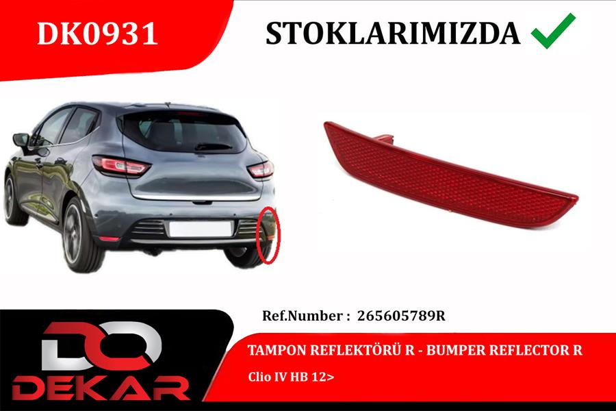 DEKAR DK0931 Arka Tampon Reflektörü Sağ Renault Clio Iv Hb 12>