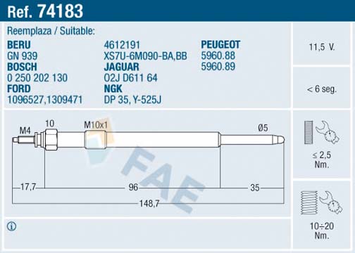FAE 74183 Kizdirma Bujisi Y-548j Transit V184 2.2-2.4 Tdci-Galaxy 1.8-2.0-Mondeo 2.0-2.2-Jumper-Boxer 2.2hdi