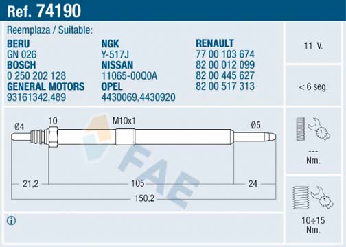 FAE 74190 Kizdirma Bujisi Espace Laguna Master Ii Trafic Movano 2.2-2.5dci