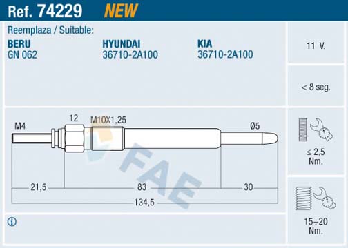 BCH 0250212011 Kizdirma Bujisi Isitma Bujisi 11 Volt Accent Era/Accent Blue/Matrix/Ix20/I30/Ceed/Cerato/Rio