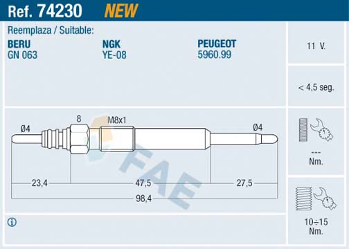 FAE 74230 Kizdirma Bujisi P407-P607-P807-P4007 2.2 Hdi C5-C6-C8 2.2 Hdi 06> Galaxy-Mondeo Iv 2.2 Tdci 11v Freelander 2 L359 2.2 Td4 Jaguar X-Type I X400 2.2 D