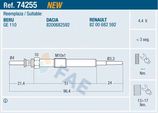 FAE 74255 Kizdirma Bujisi Renault Megane Iii 09> Fluence 09> Clio Iv 12> Dacia Duster 10> Mercedes Om607 W176 W246 C117 X156 W415. Nissan Juke 10> Qashqai 06>13 1.5dci K9k