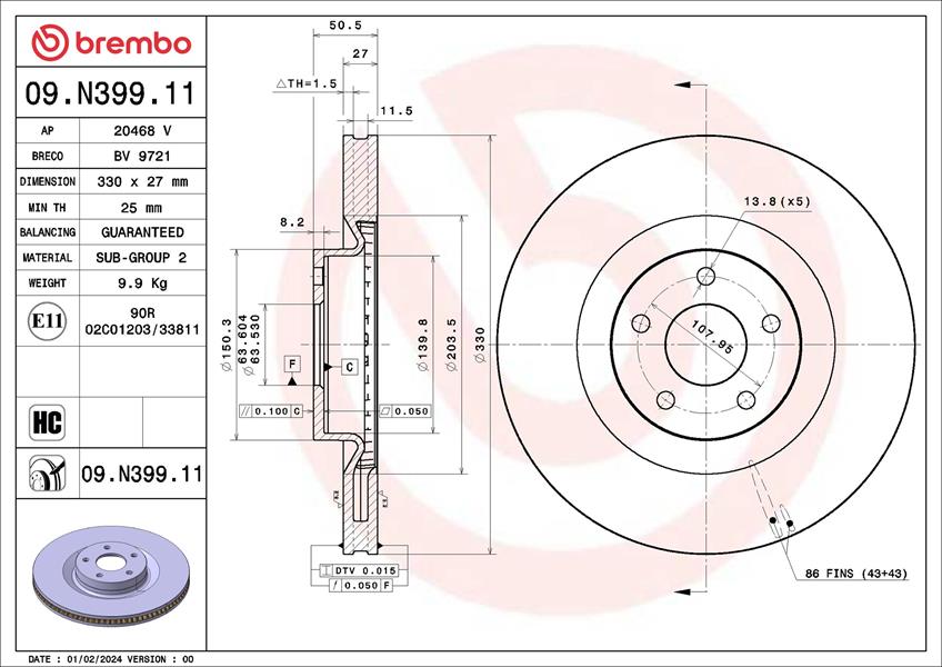 BREMBO 09N39911 Ön Fren Disk Ayna Kuga Iii 19> Dış: 330mm