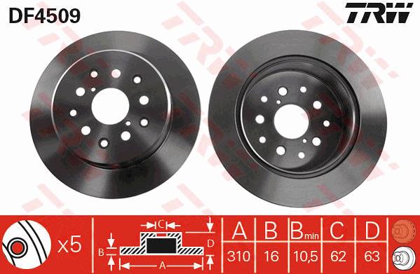 TRW DF4509 Fren Diski Arka Aks Lexus Gs S16 -Is I E1 -Is Sportcross E1 -Sc Convertible Uzz40 Toyota Altezz A E1 -Aristo S16 -Mark Ii Ix Saloon X11 -Soarer Coupe Z4 -Verossa X11 -
