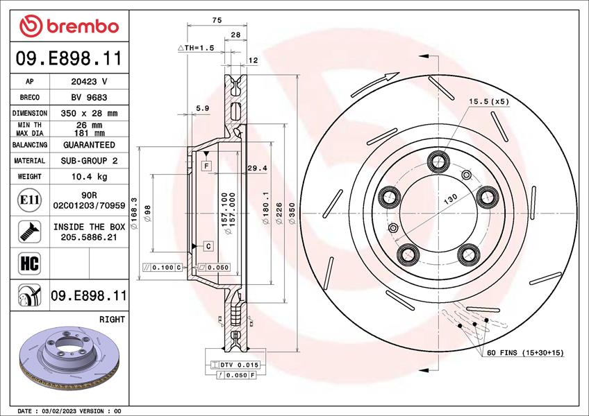 BREMBO 09E89811 Fren Diski Porsche Panamera 970 03/09-12/17