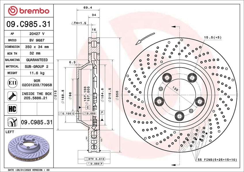 BREMBO 09C98531 Fren Diski Porsche 911 997 07/04-12/13 / Porsche 911 Convertible 997 04/05-12/13