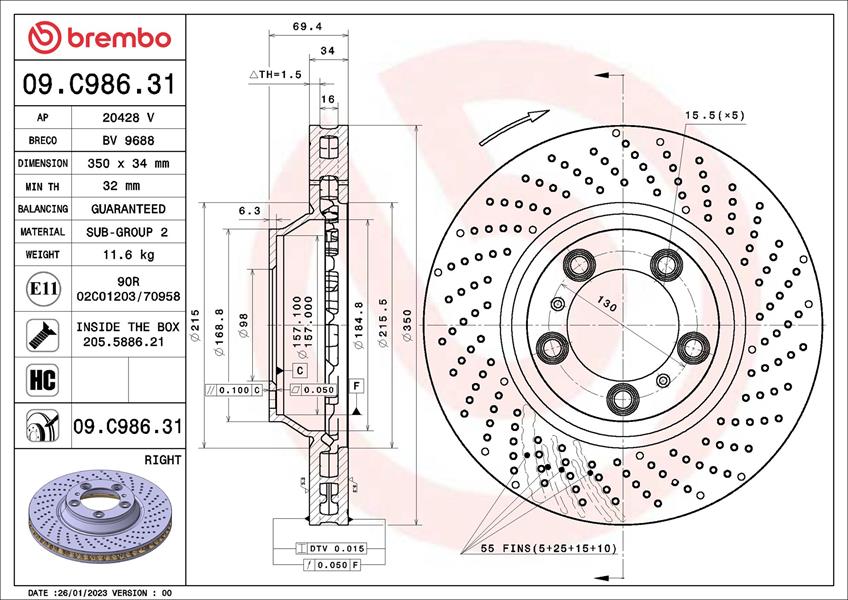 BREMBO 09C98631 Fren Diski Porsche 911 997 07/04-12/13 / Porsche 911 Convertible 997 04/05-12/13