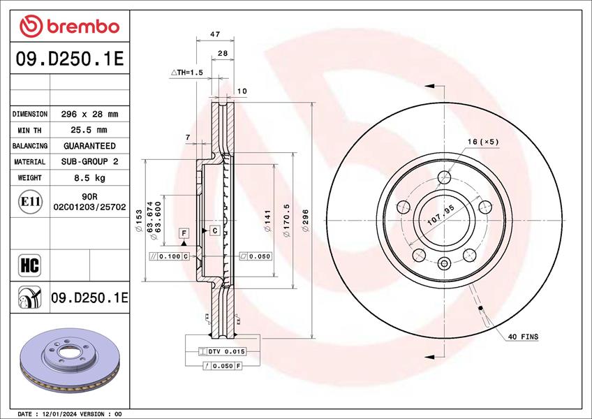 BREMBO KT08069 Fren Diski Ön Volvo S90-V60-V90 20> Diş Çap: 296mm Baslata Ve Disk Takim Ii 234 01/16-> / Volvo V60 Ii 225 02/18-> / Volvo V60 Ii Cross Country 227 02/18-> / Volvo V