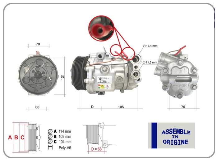 GUA 51322 Klima Kompresörü Sifir Ürün Fiat Doblo 10> Fiorino 07>Grande Punto 05>13 Linea 07> Corsa D 06>14 P Eugeot Bipper Citroen Nemo Alfa Mito 09>18 1.3 Mtj 1.7 Cdti 12v 6 Kanal 110mm