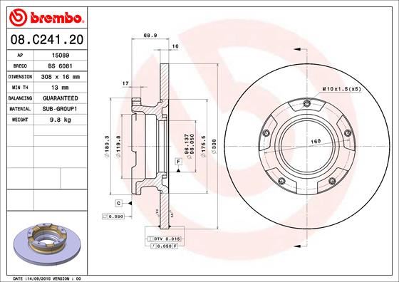 BREMBO 08C24120 Arka Fren Disk Aynasi Transit Custom V362 12> Abs Li O.Ceker Cap 308 16 Ord Transit Custom V362 Van Fy. Fz 09/12-> / Ford Transit V363 Bus Fad. Fbd 08/13-> / Ford Trans