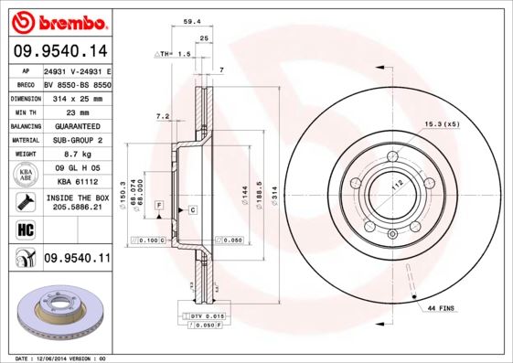BREMBO 09954011 Fren Diski Audi Faw A6l C6 4z8 03/05-12/12 / Audi A6 C6 4f2 04/04-08/11 / Audi A6 C6 Avant 4f 5 11/04-08/11