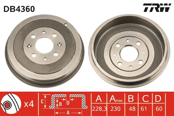 TRW DB4360 Arka Kampana Corsa D 07> Corsa E 14> Adam 13> Punto-Grande Punto 05> 274x228x61x48x4dl 14 İnç 51901444-51901443-55703043