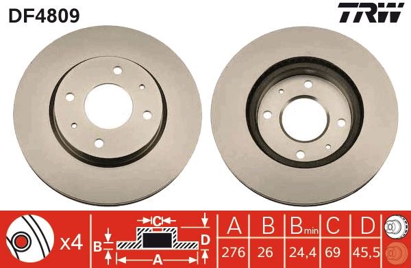 TRW DF4809 Ön Fren Diski Hava Kanalli Mitsubishi Lancer 1.6l 4g18 Cs3a 03-08 276 Çap X 4 Bijon - Takım Disk Fiyatıdır