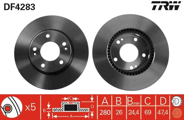 FRD DDF1619 Fren Diski Ön Takim : 280 X 5 Havali - 517123k050 - 517122e300 Ix20/I30/Sonata/Tucson/Sportage/Ceed/Cerato/Venga/Soul