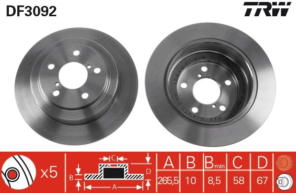 TRW DF3092 Arka Fren Diski Dolu Tip Subaru Impreza 2.0l Ej20 Gc8 Kasa 96-00 / Forester 2.0l Ej20 Sf Kasa 98-> / Legacy 2.0l Ej20 94-98 266 Çap X 5 Bijon - Takım Disk Fiyatıdır