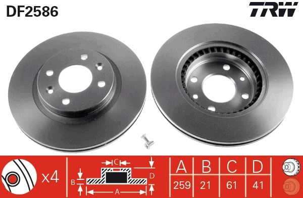 TRW DF2586 Ön Fren Diski Renault R19-Clio I 91>96 Clio Ii 98> Kangoo 01> Megane I 96> Megane Ii 04>10 Twingo 96> Dacia Logan 06> Sandero 08> 259x20.6 Havali 4 Delik
