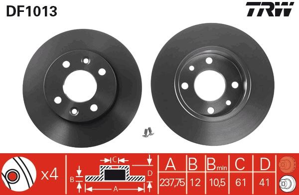 TRW DF1013 Ön Fren Aynasi R9-R11-R19 Clio I 91> Clio Ii 98> Megane I 96> Twingo 96> Clio Symbol 00> Logan 06> S Andero 08> 238x12 4 Delik