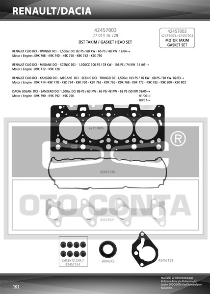 OTOCONTA 42457003S Üst Takim Contasi Skc Li Megane Ii 02>Clio Ii 02>Clio Iii 05>Logan 04>Sandero 08>Note 06>11 E11 Micra Iii 05>10 Suzuki Jimny 03> 1.5 Dci K9k Skt Keçeli Sub.Last K9k 712-714-718-724-760