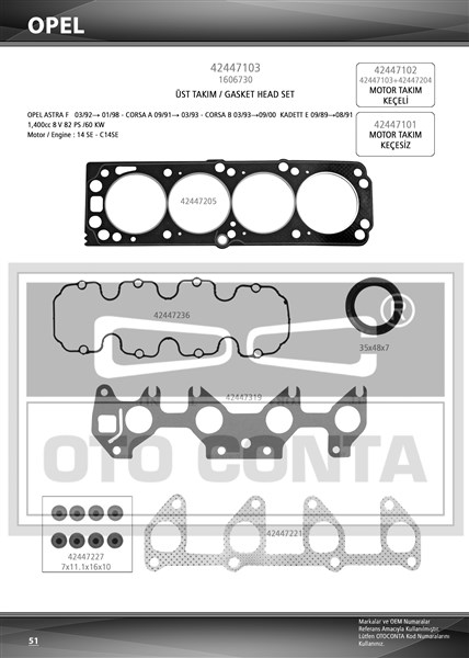PAY-DS261 Ust Takim Conta ( Opel   Astra F Corsa B Combo 1.4 C14se )