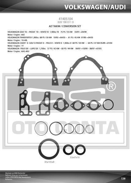 OTOCONTA 41405104 Alt Takim Contasi Keçeli Golf Iii-Passat 1.9d-Td-Tdi