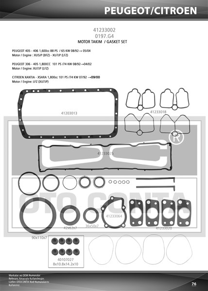 OTOCONTA 41233002 Motor Takim Conta Alt/Üst Full Keçeli-Subap Lastikli Xsara-P306-P406-Xantia Bfz Xu5jp -Lfz Xu7jp