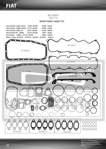 OTOCONTA 40139001 Motor Takim Contasi Skc Siz Keçesiz Ducato-Iveco Daily-Master 2.5d-Td-2.8dti S8u-S9u-S9w