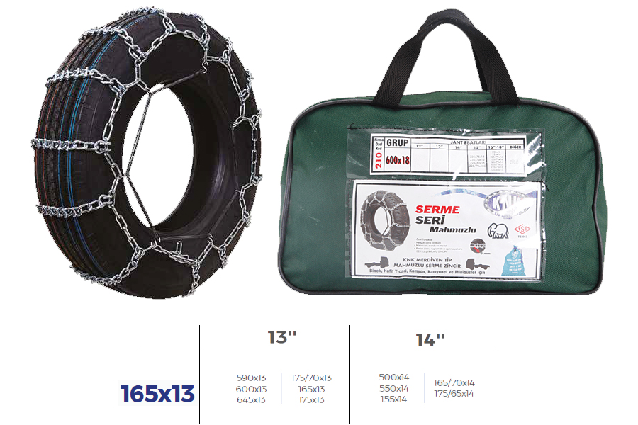 KNK2 165X13 Patinaj Zinciri Binek Ve Hafif Tic.Araç Serme 13-14 Jant 590x13 Zincir Ebatlari İçin Resime Bakiniz