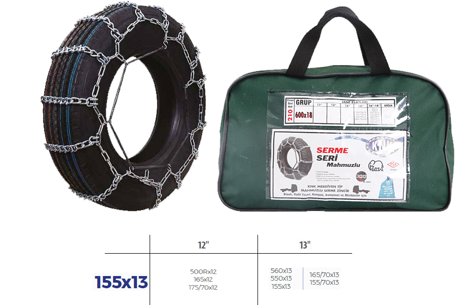 KNK2 155X13 Patinaj Zinciri Binek Ve Hafif Tic.Araç Serme 12-13 Jant 560x13 Zincir Ebatlari İçin Resime Bakiniz