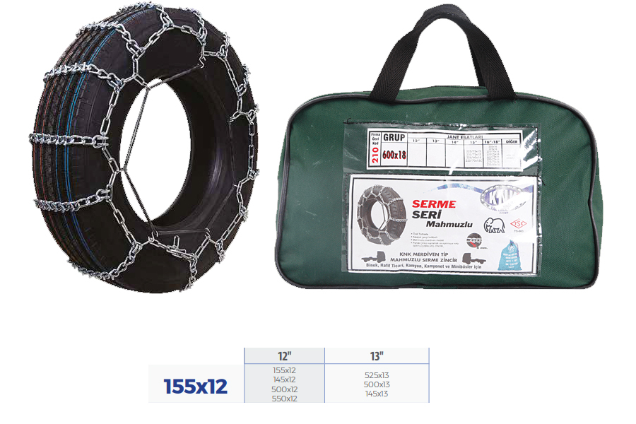 KNK2 155X12 Patinaj Zinciri Binek Ve Hafif Tic.Araç Serme 12-13 Jant 155x12 Zincir Ebatlari İçin Resime Bakiniz