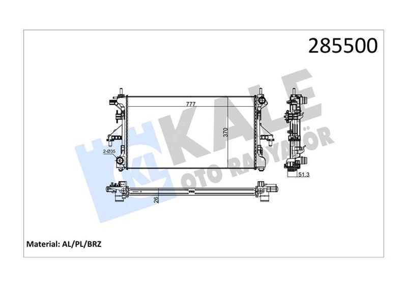 KALE 2052011AB Motor Su Radyatörü Peugeot Boxer-Citroen Jumper-Fiat Ducato 2.2 Hdi 06 > Klimasiz Mek 780x374x24 1 Sira Alb Sistem Al/Pl/Brz
