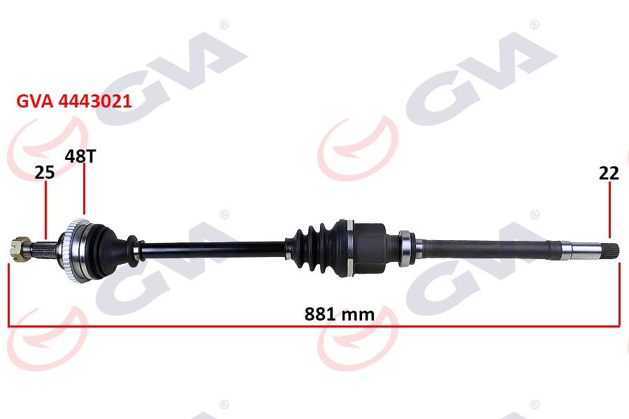 GVA 4443021 Komple Aks Sağ P206 1.6 16v-P206 Cc 00 > Abs Li 48diş 881mm