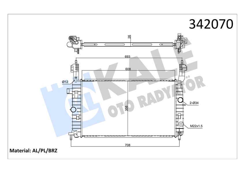 KALE 342070 Motor Su Radyatörü Opel Meriva 1.4 16v Z14xep 1.6 16v Z16xe-Z16se 1.8 16v Z18xe Ac Klimasiz Mek P L-Al 608x358x26