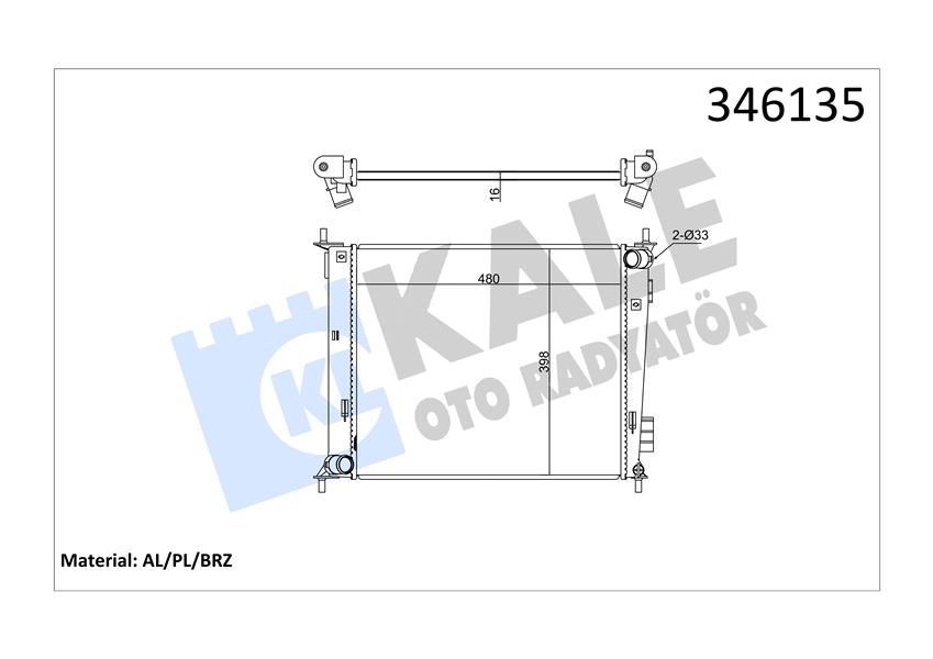 KALE 346135 Radyatör Kia Soul 1.6cvvt 09 > Mek 480x414 Al/Pl/Brz