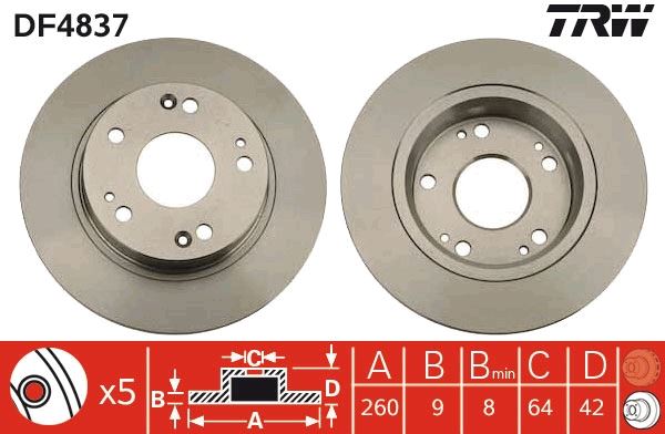 TRW DF4837 Arka Fren Diski Dolu Tip Honda Civic 1.6l R16a2 Vtec Sedan Fd6 Fb7 Kasa 06-15 / 1.8l R18a Vtec H Atchback Fk2 Kasa 06-> / 1.4l L13z1 Sport Fk1 Kasa 09-> 260 Çap X 5 Bijon - Takım Disk Fiyatıd