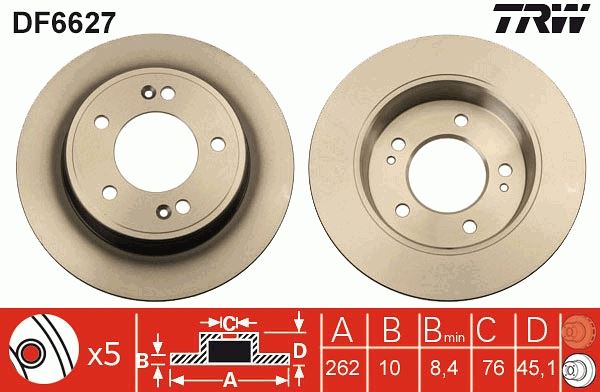 TRW DF6627 Arka Fren Diski Dolu Tip Hyundai İ30 1.6l G4fd Gdi Gamma 11-15 / 1.4l 1.6l Crdi Dizel 12-16 / Elan Tra 12-> / Kia Ceed 1.6l Gdi Benzinli 12-> 1.4l 1.6l Crdi Dizel 12-> 262 Çap X 5 Bijon - Takım Dis