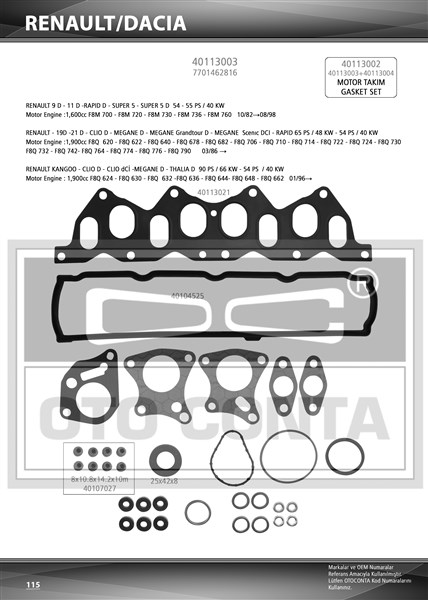 OTOCONTA 40113003 Üst Takim Contasi Kng-R19-Mgn-Scenic 1.9 Dzl. Keçeli Subap Lastikli Skc Siz