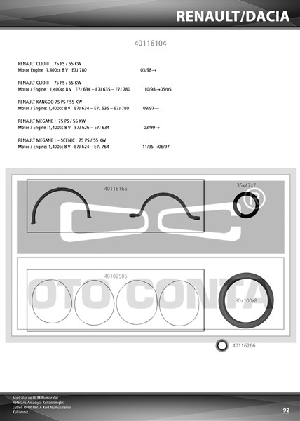 OTOCONTA 40116104 Alt Takim Contasi Clio Ii-Kng 1.4 E7j 624-626-634-635-780 Keçeli