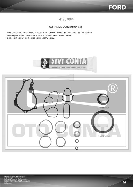 OTOCONTA 41707004 Alt Takim Contasi Partner-Berlingo-206-207-Fiesta 1.6hdi 16v Dv6ated4-Dv6b Teflon Keç Skc Siz Sivi