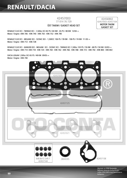 OTOCONTA 42457003 Üst Takim Contasi Clio-Kng-Mgn-Logan-Sandero 1.5dci K9k 712-714-718-724-760 Teflon Keçeli Sub.Las