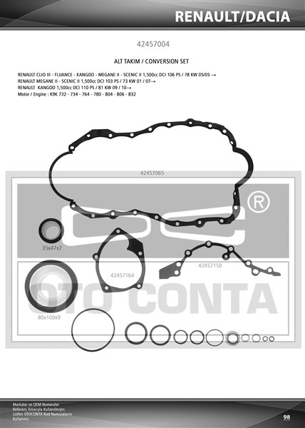 OTOCONTA 42457004 Alt Takim Contasi Clio-Kng-Mgn-Logan-Sandero 1.5dci K9k Teflon Keçeli Metal Karterli